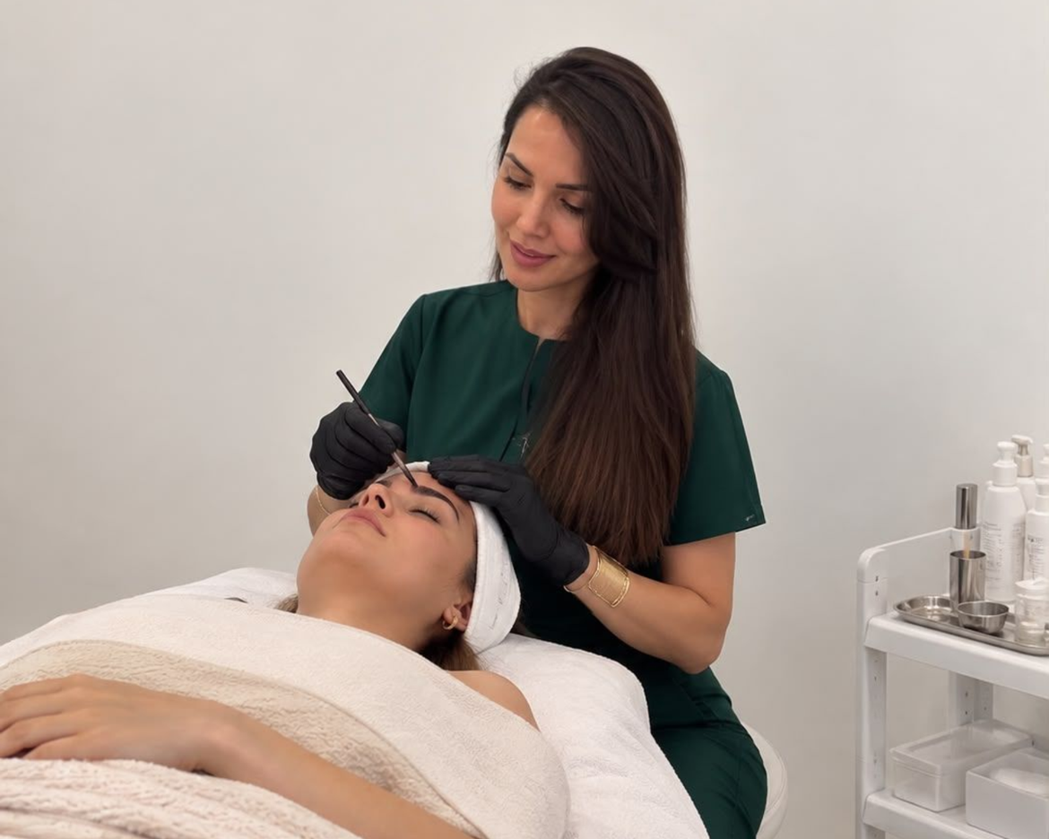 Una esteticista aplica un tratamiento facial a una clienta recostada en una cabina de spa.