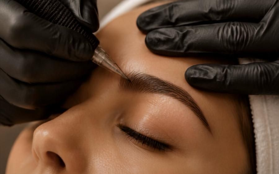 Manos enguantadas dando forma a una ceja en una persona con los ojos cerrados durante un tratamiento de belleza.