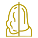 Un icono de línea roja de la cabeza de una mujer con un diamante en el medio.