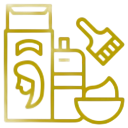 Un icono de línea roja de una botella de loción, un cepillo y un cuenco.