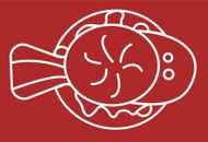 Weiße Umrisse eines Fisches mit kreisförmigem Körper vor rotem Hintergrund.