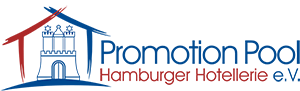 Logo für Promotion Pool: ein stilisiertes Gebäude in Rot/Blau mit dem Text