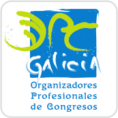 A blue and green logo for organizadores profesionales de congresos