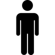 Silhouette noire d'une personne debout, tête un cercle, corps un rectangle avec bras et jambes.