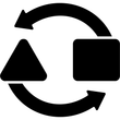 Triangle se transformant en carré via des flèches circulaires, indiquant un cycle ou un processus.