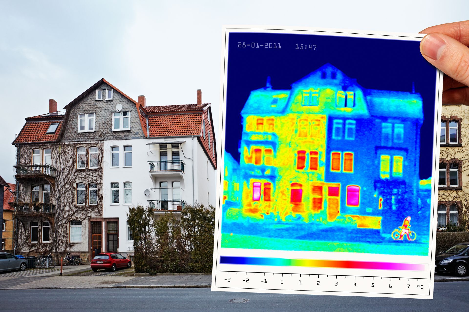 Main tenant une image thermique d'un bâtiment ; les zones les plus chaudes en jaune/rouge, les plus froides en bleu, montrant une perte de chaleur.