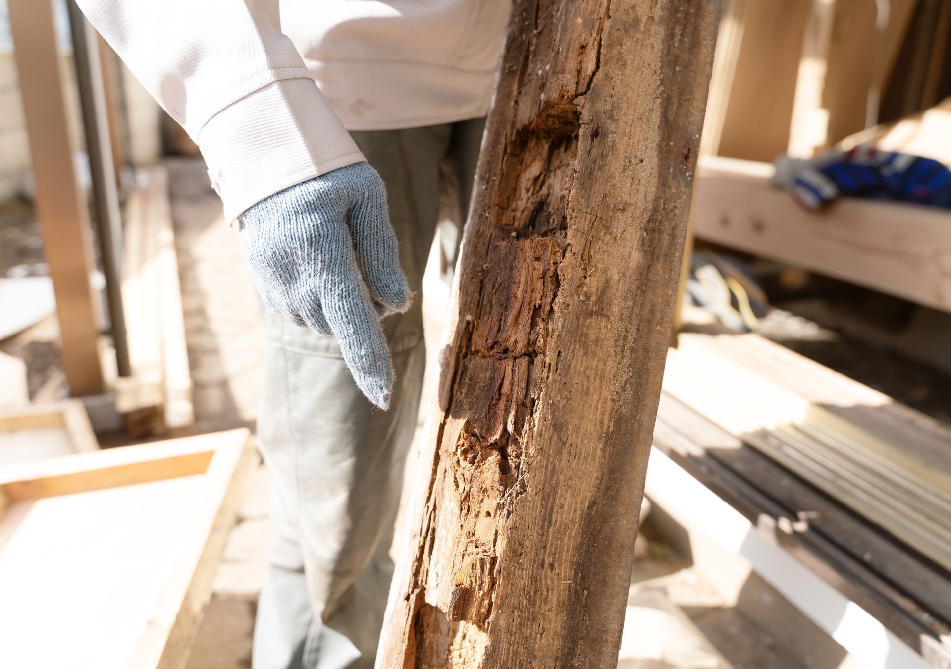Une personne montre du doigt une poutre en bois pourrie à l'extérieur. Le bois est brun et gravement endommagé.
