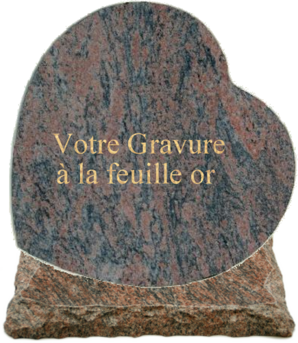 Tombeau en granit gris orné de fleurs et de plaques.