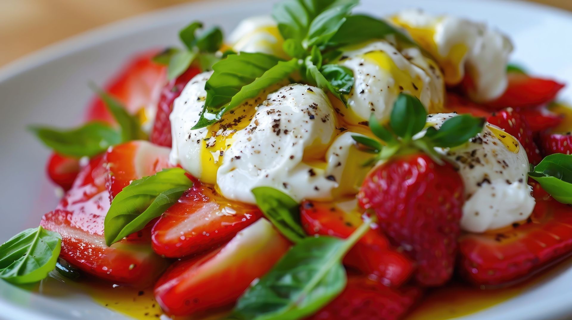 Une salade de fraises fraîches coupées en tranches et de burrata crémeuse, garnie de feuilles de basilic et de poivre noir.