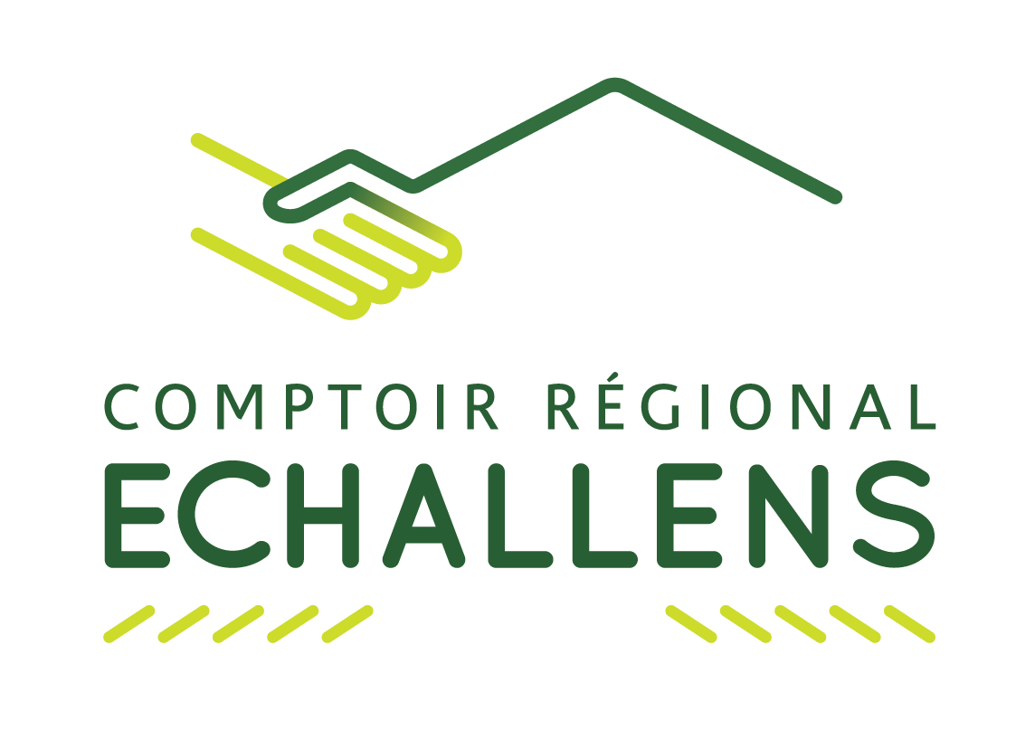 Logo du Comptoir Régional Echallens représentant une poignée de main verte formant un toit sur un fond circulaire blanc.
