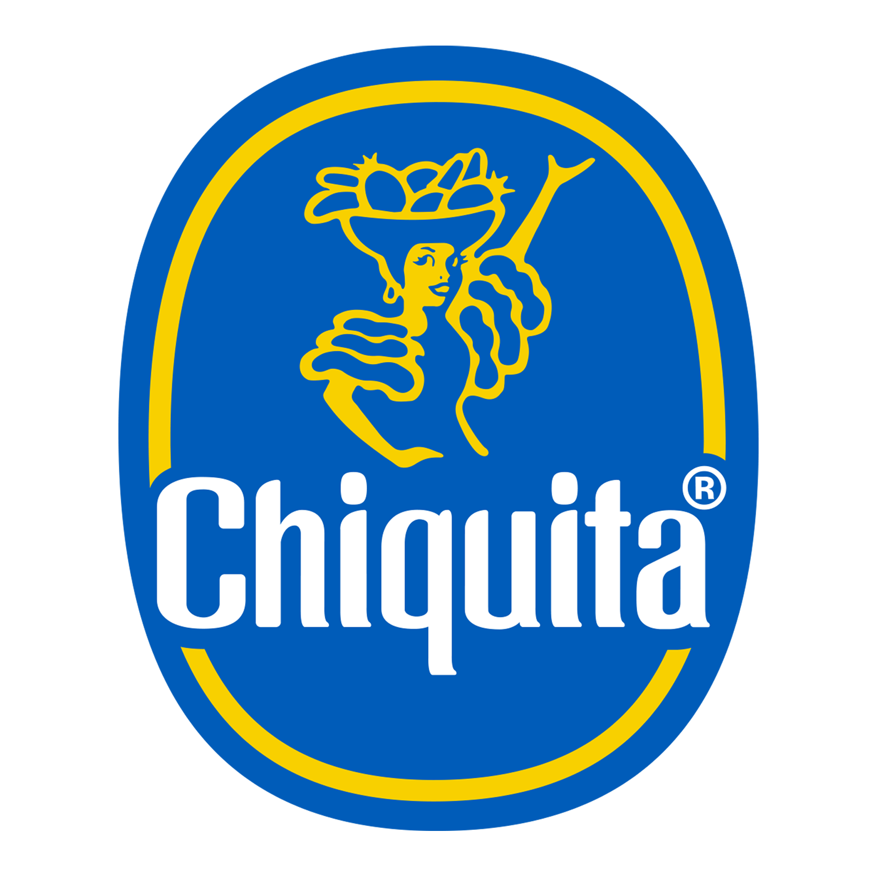 Logo de la marque Chiquita représentant une figure stylisée tenant en équilibre un panier de fruits sur un ovale bleu, le tout sur fond jaune.