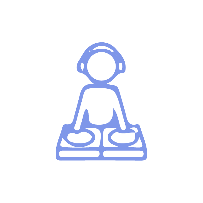 Blaues Symbol: DJ mit Kopfhörern an einem Mischpult.