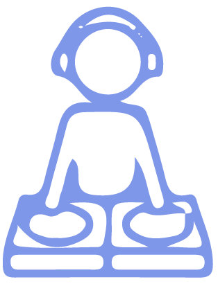 Blauer, stilisierter DJ mit Kopfhörern, der an zwei Plattenspielern auflegt.