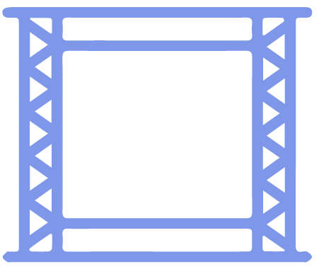 Blaue quadratische Fachwerkkonstruktion.