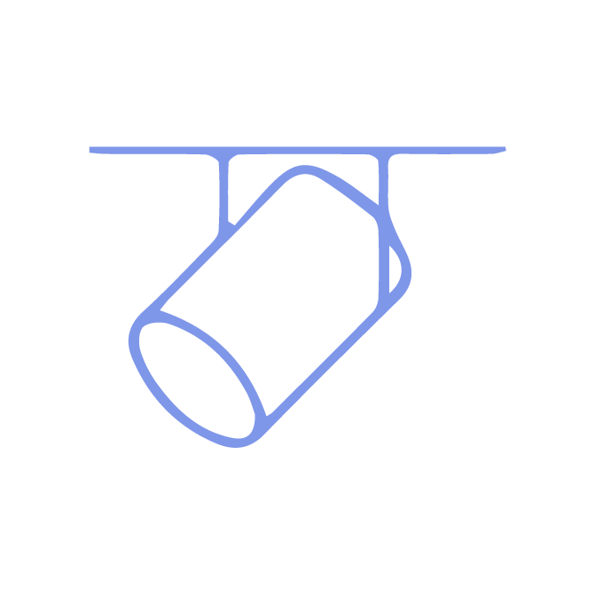 Blaue Umrisse eines zylinderförmigen Strahlers, der an der Decke montiert ist.