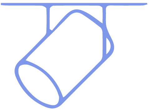 Blauer, zylindrischer Strahler, der von der Decke hängt.