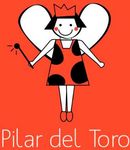Figura de dibujos animados sobre fondo rojo con alas en forma de corazón y el texto “Pilar del Toro”.