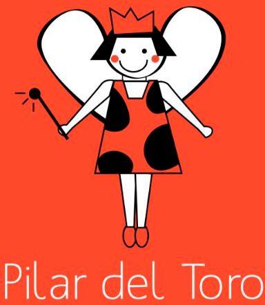 Figura de dibujos animados sobre fondo rojo con alas en forma de corazón y el texto “Pilar del Toro”.