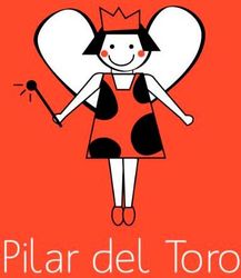 Figura de dibujos animados sobre fondo rojo con alas en forma de corazón y el texto “Pilar del Toro”.