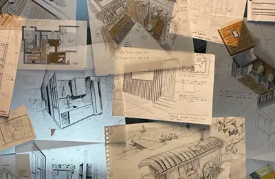 Croquis d'architecture sur une table