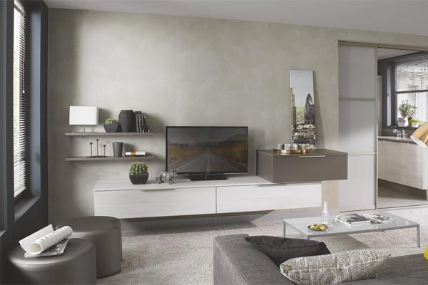 Salon moderne avec un mur en béton 