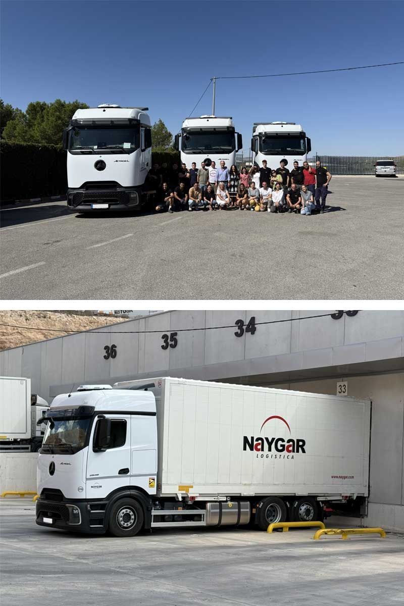Dos imágenes: Grupo posando con camiones; camión junto al muelle de carga. Ambas muestran camiones blancos.
