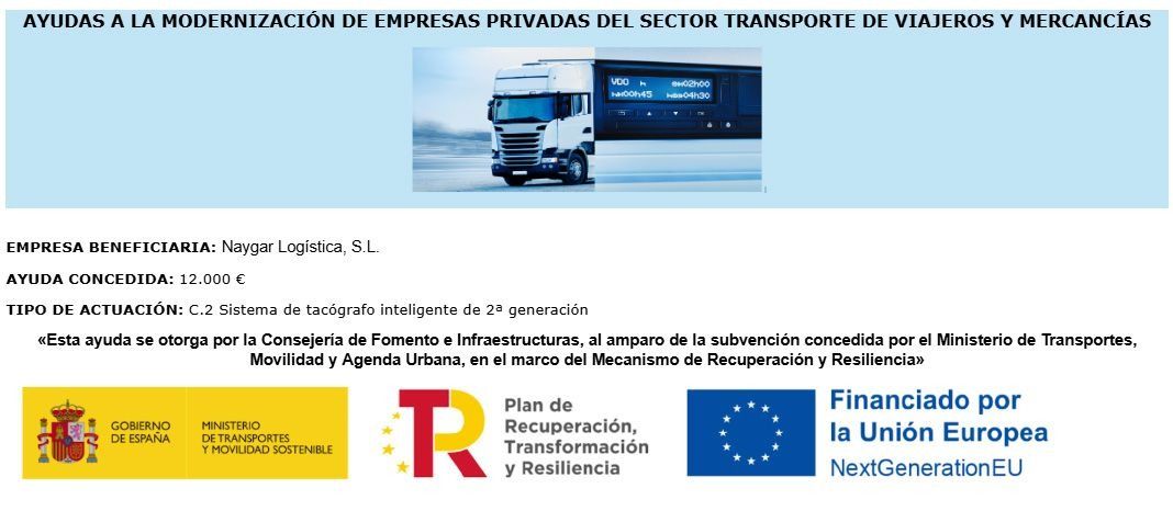 Gráfico promocional con un camión semirremolque; logotipos para financiación gubernamental y de la UE.
