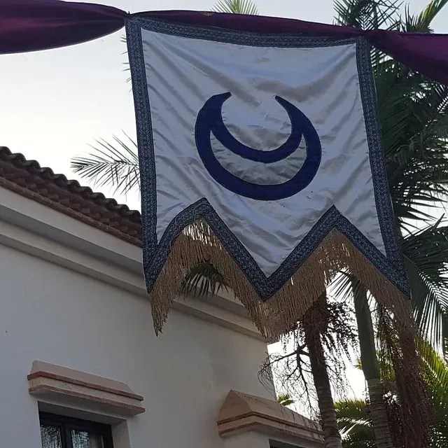 Una bandera blanca con una luna creciente azul sobre ella