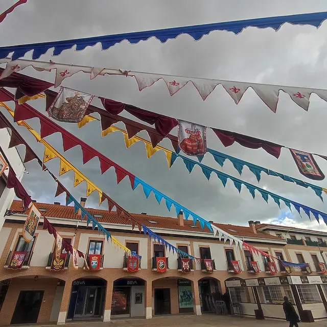 Un montón de banderas cuelgan del techo de un edificio.