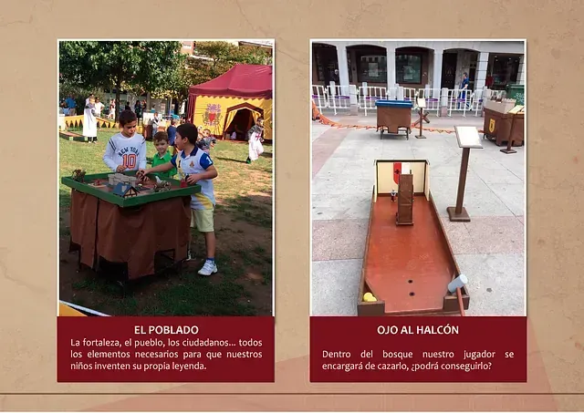 Dos fotografías de niños jugando con una mesa y una bolera.