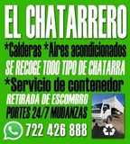 Logo de "El Chatarrero", que ofrece servicio de retiro de chatarra, contenedores y transporte, con número de teléfono.