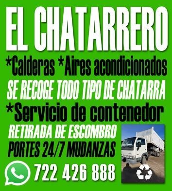 Logo de "El Chatarrero", que ofrece servicio de retiro de chatarra, contenedores y transporte, con número de teléfono.