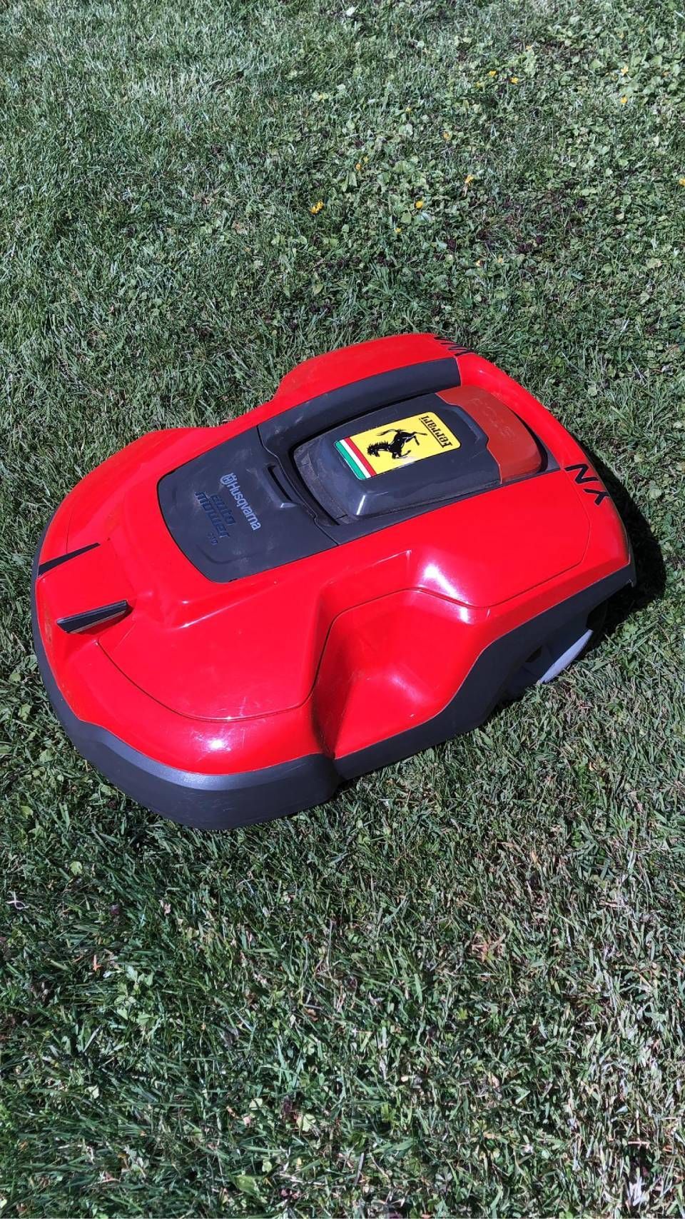 Roter Mähroboter auf grünem Rasen, vermutlich im Freien.