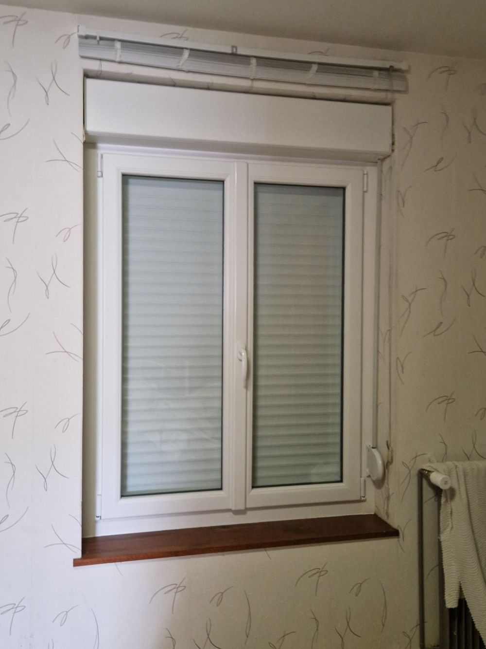 Fenêtre double avec des volets roulants fermés