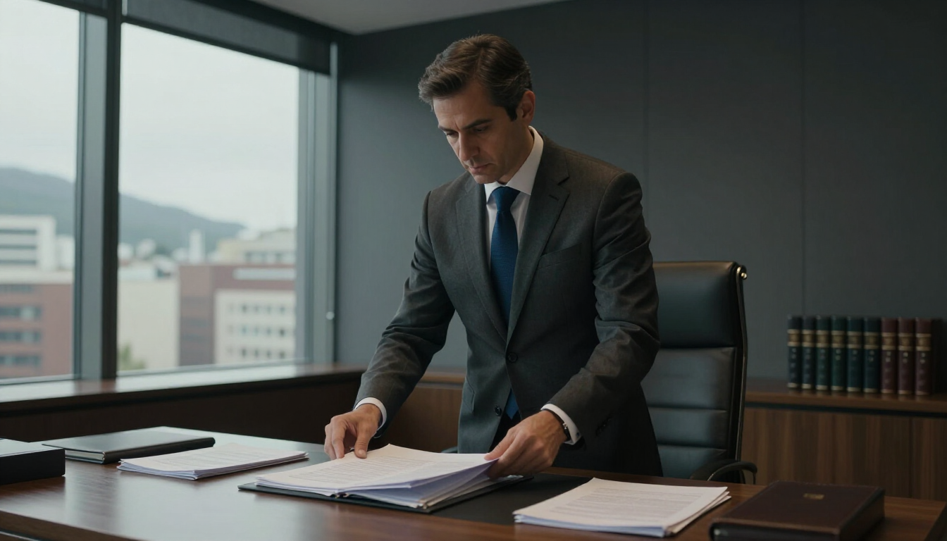 Una persona vestida con traje está de pie junto a un escritorio de oficina, organizando pilas de papeles .