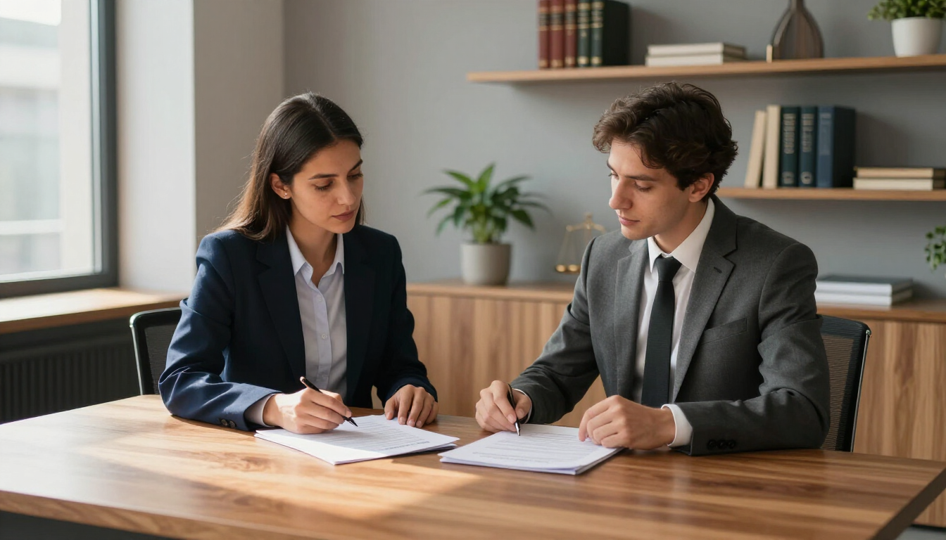 Dos profesionales vestidos de traje están sentados en un escritorio de madera en una oficina.
