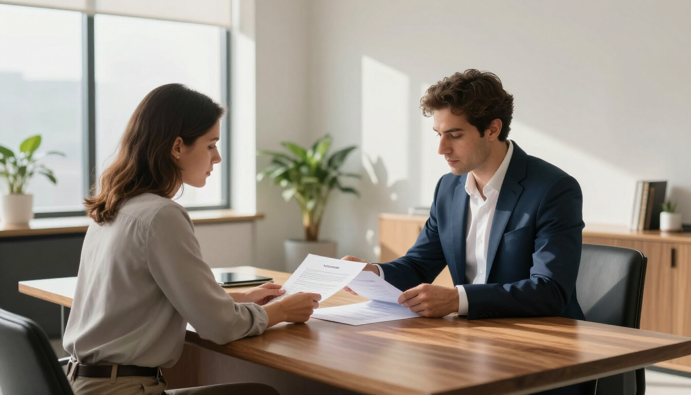 Dos personas están sentadas en un escritorio en una oficina luminosa, revisando documentos juntas durante una reunión formal.