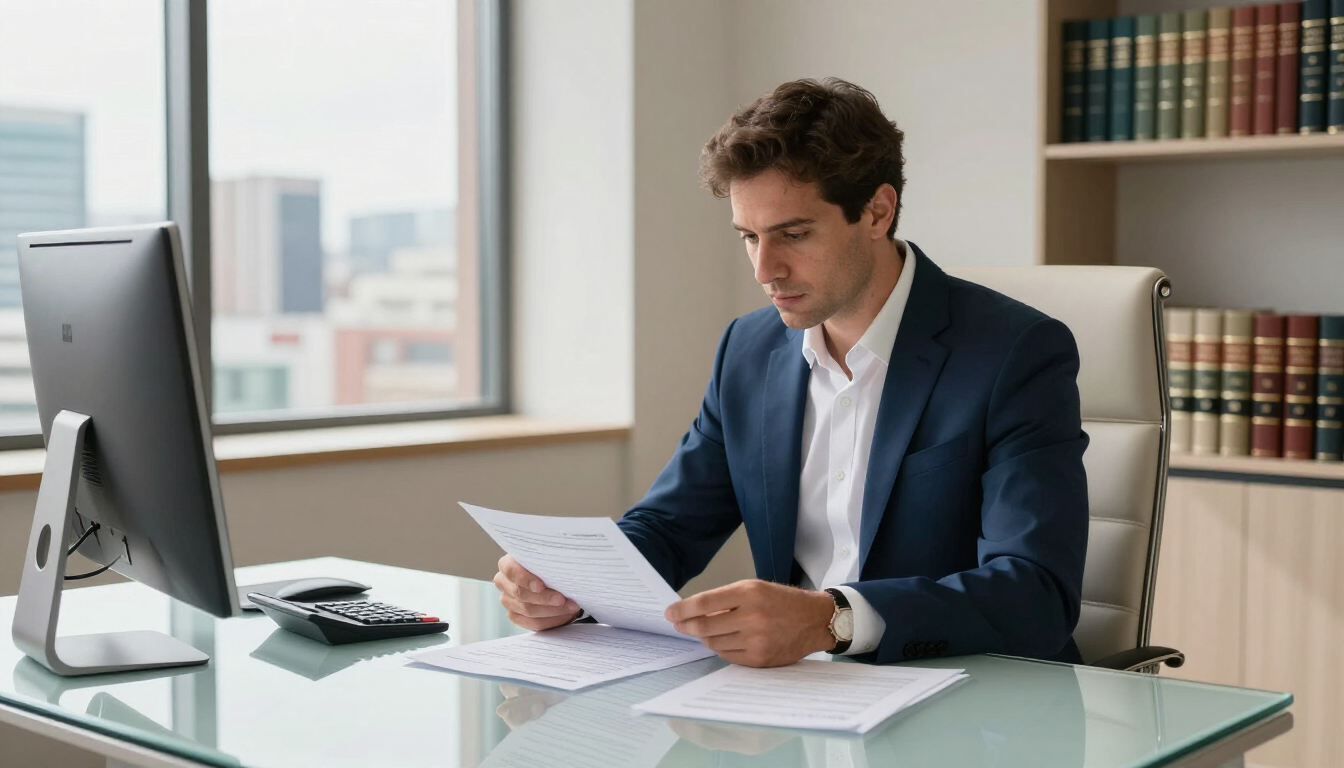 Una persona vestida con traje revisa documentos en un escritorio en una oficina profesional.