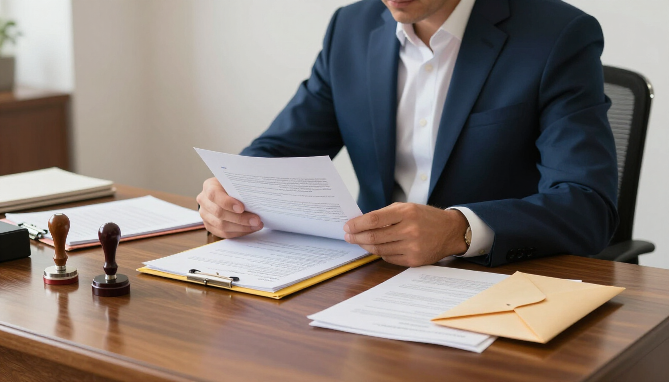 Una persona vestida con un traje azul revisa documentos en un escritorio de madera con dos sellos y un sobre.