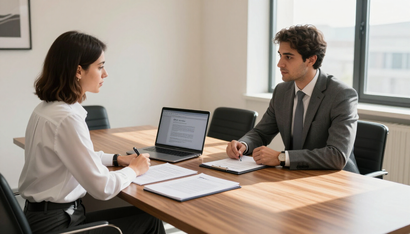 Durante una reunión, una persona con camisa blanca y otra con traje gris están sentadas.