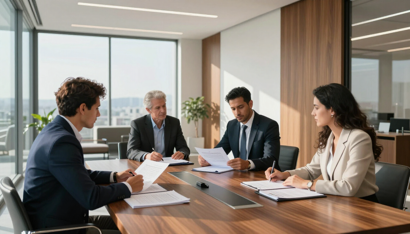 Cuatro profesionales vestidos de traje mantienen una reunión alrededor de una mesa de conferencias.