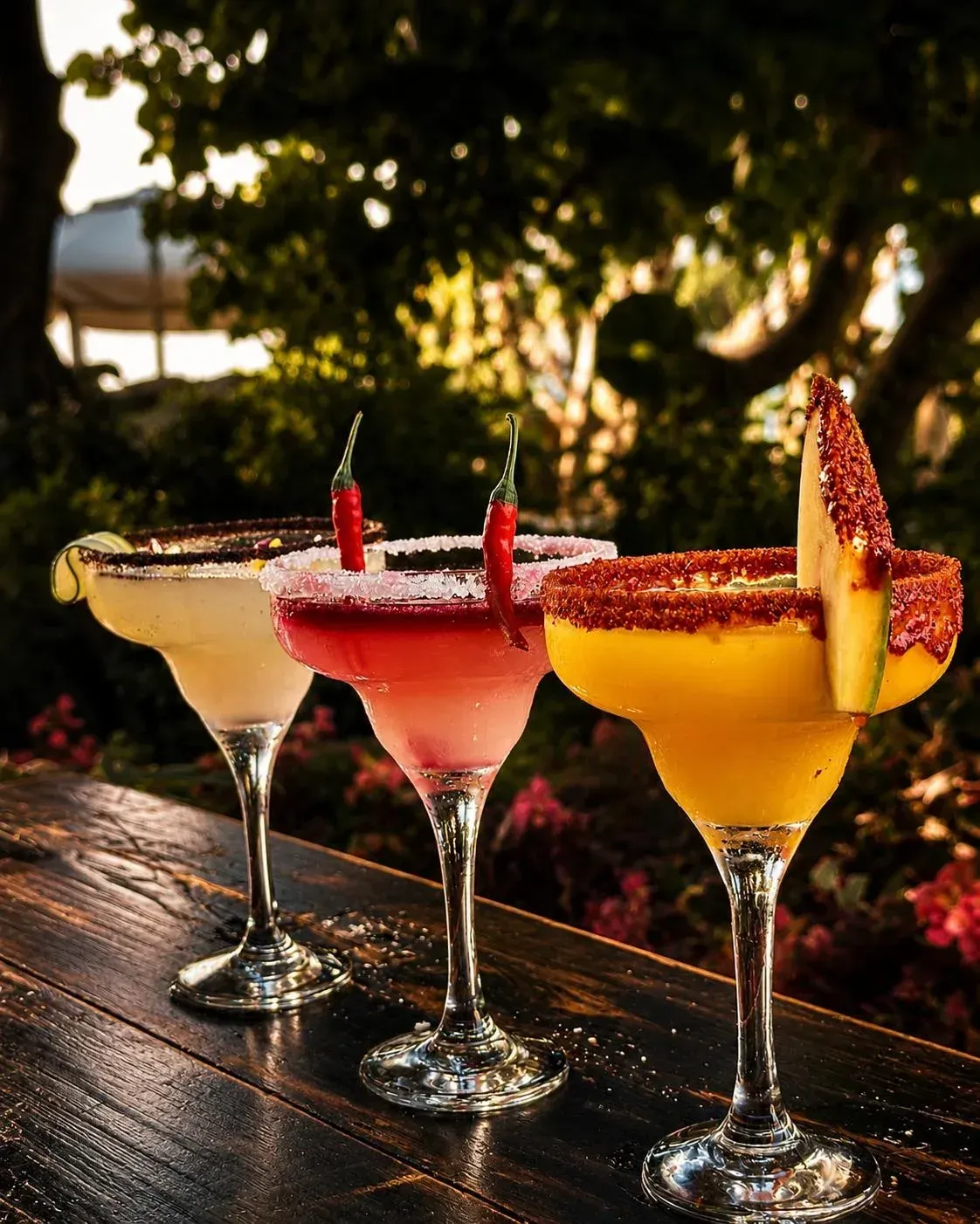 Tres coloridos cócteles margarita con bordes azucarados sobre una mesa de madera al aire libre al atardecer.
