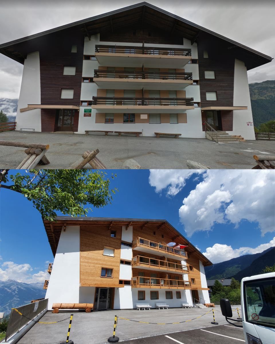 Une photo avant et après d'un bâtiment avec des montagnes en arrière-plan