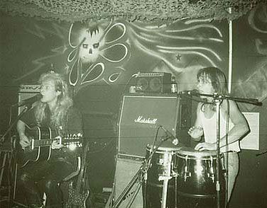 Mies soittaa kitaraa ja nainen laulaa mikrofoniin.