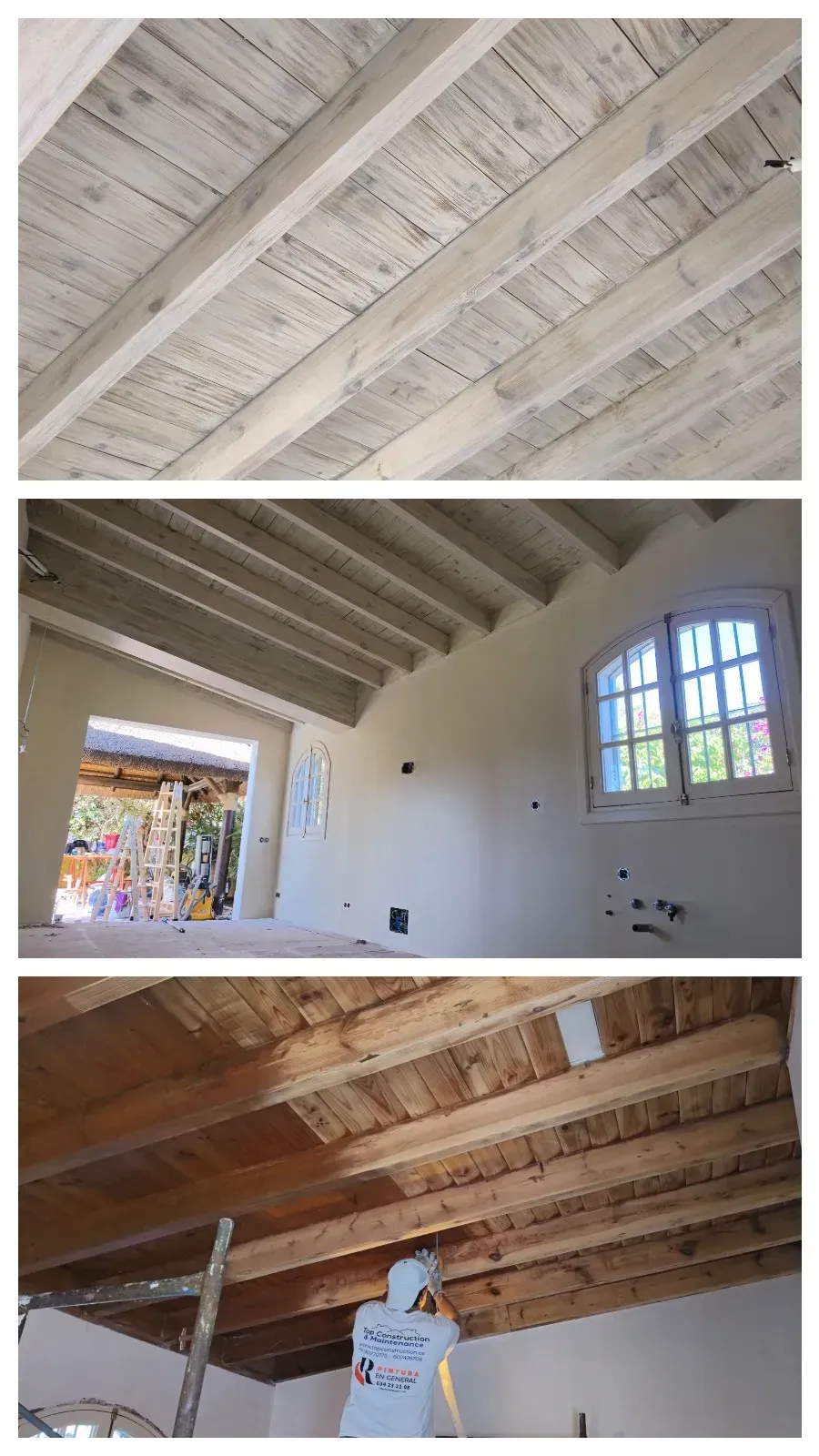 Arriba: Techo de madera encalado. Centro: Habitación con ventana arqueada y techo a juego. Abajo: Persona pintando un techo de madera.