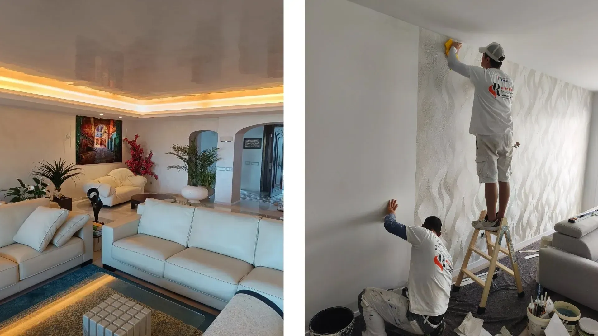 Sala de estar con sofás blancos y pared decorativa en la que trabajan dos pintores.