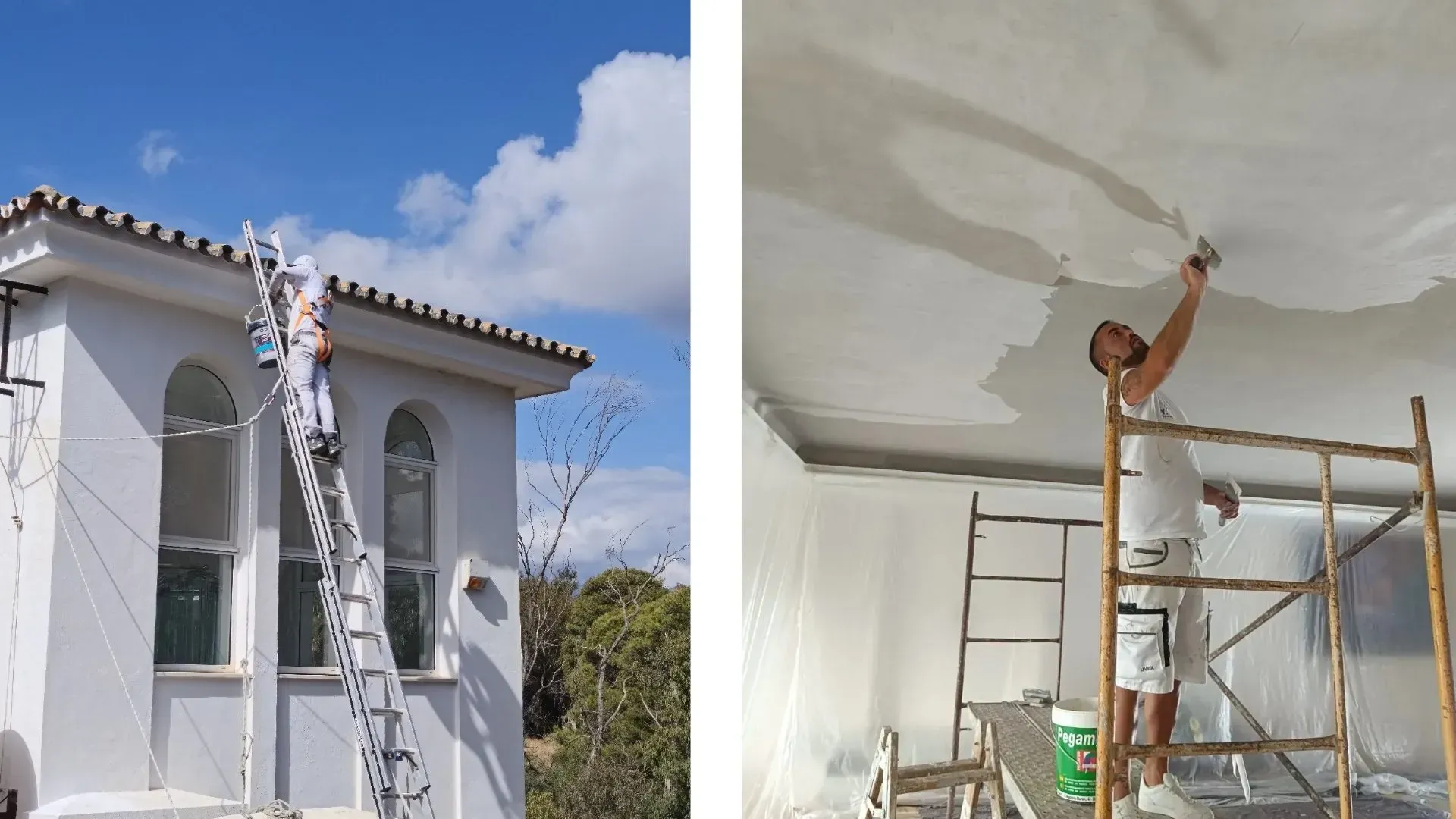Dos imágenes: un trabajador en una escalera alta pintando una pared exterior y un trabajador en un andamio enyesando un techo.