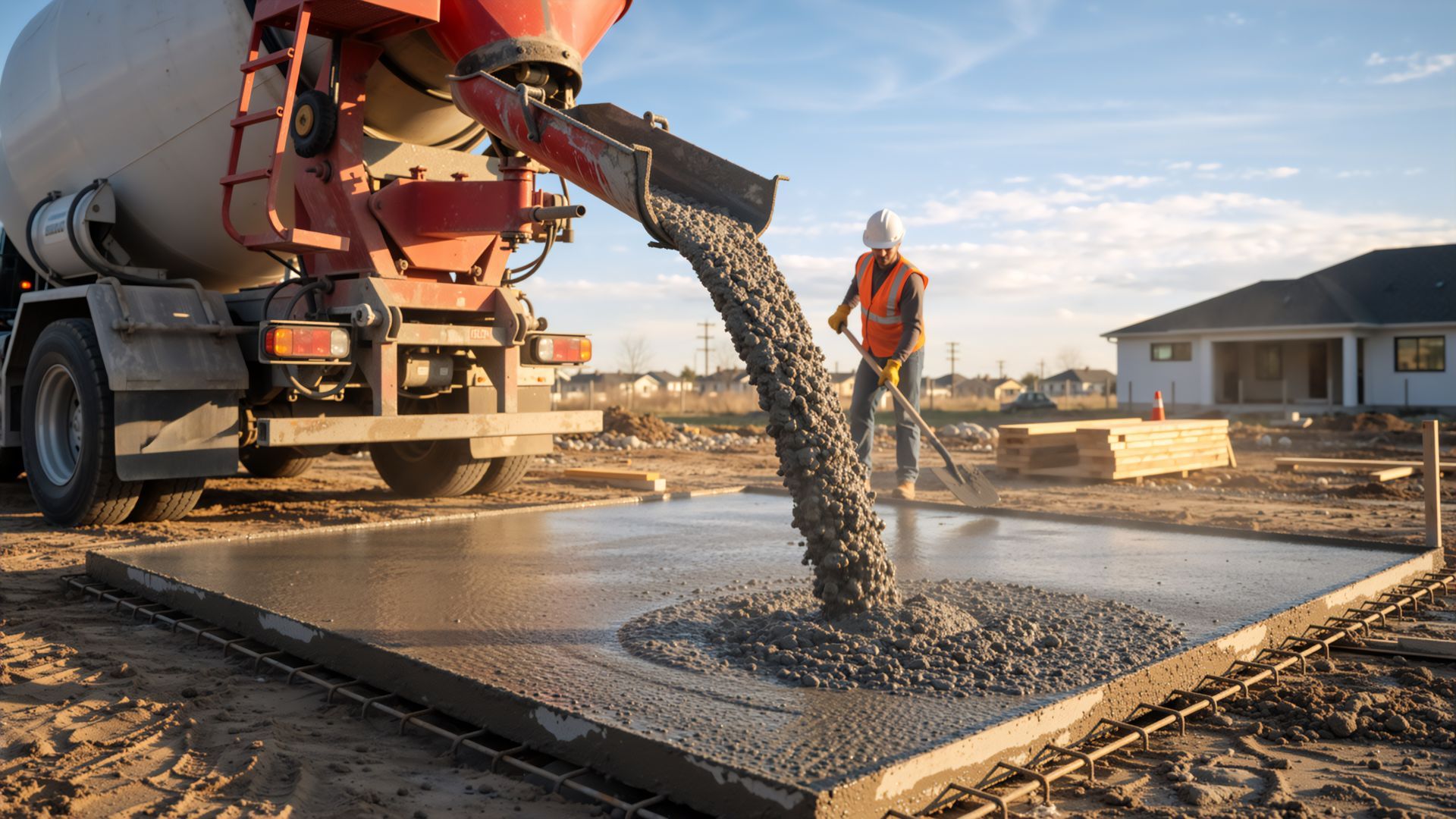 Du béton est coulé d'un camion-malaxeur sur une dalle de fondation sur un chantier de construction.