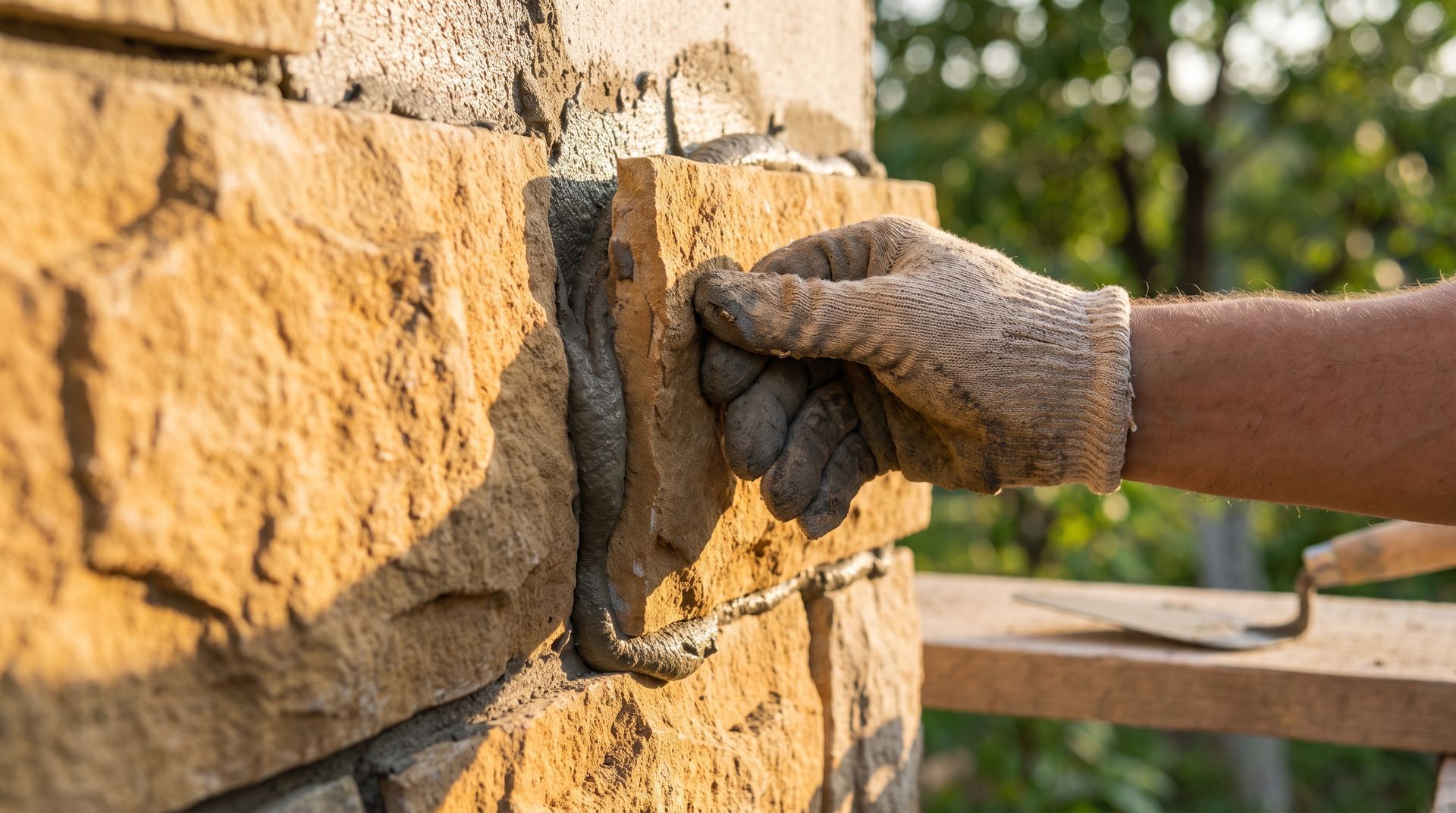 Main gantée appliquant du mortier sur un mur de pierre extérieur.