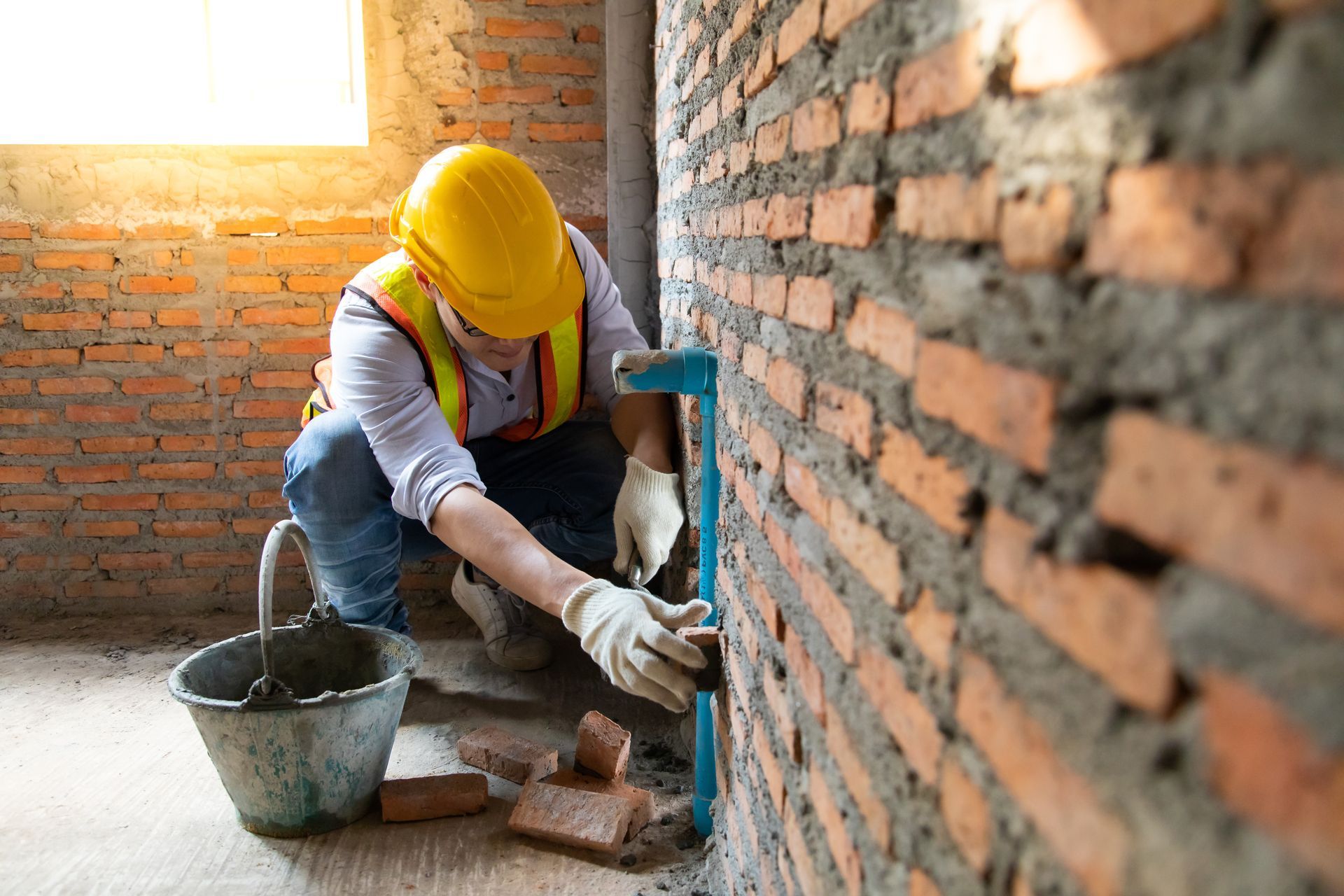 Ouvrier du bâtiment agenouillé près d'un mur de briques, appliquant du mortier dans une pièce en construction, un seau à proximité.